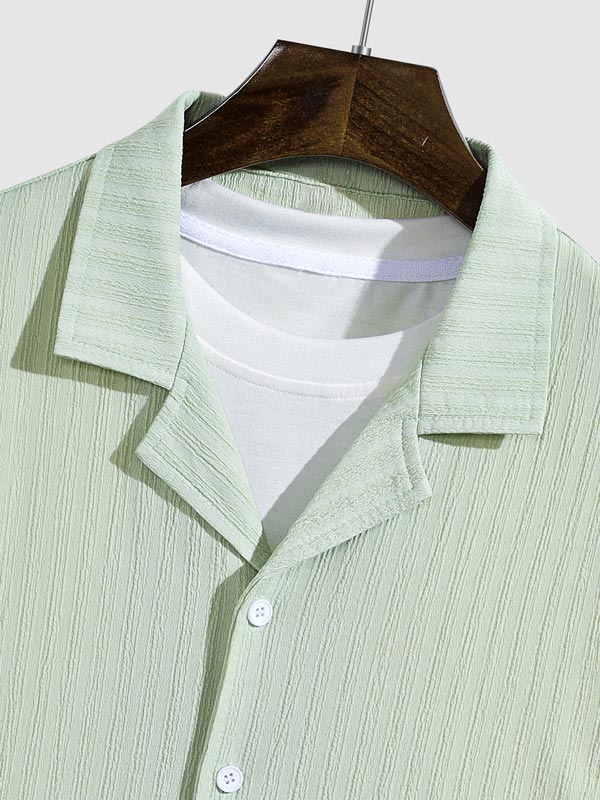 Men's solid color striped textured Cuban collar casual short-sleeved shirt