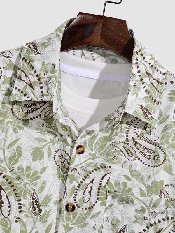 Men's Vintage Paisley Print Button Down Casual Short Sleeve Shirt