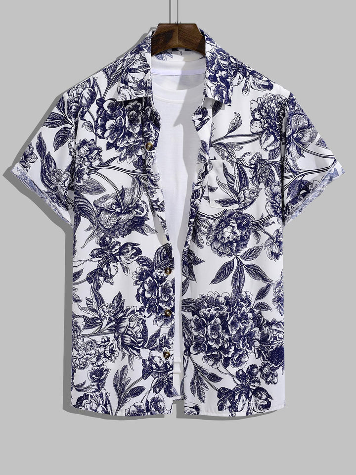 Men's Vintage Floral Breathable Casual Button-Down Short Sleeve Shirt