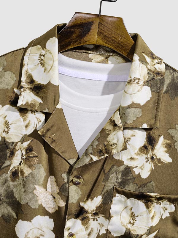 Men's Floral Casual Button-Down Cuban Collar Short Sleeve Shirt