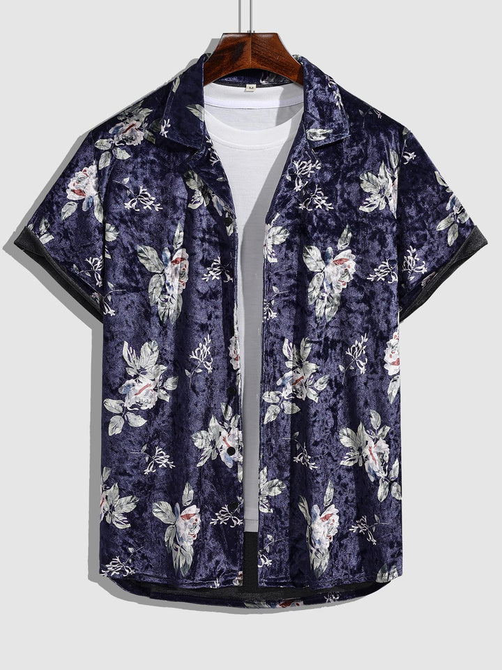 Men's Velvet Floral Pattern Button-Down Casual Short Sleeve Shirt