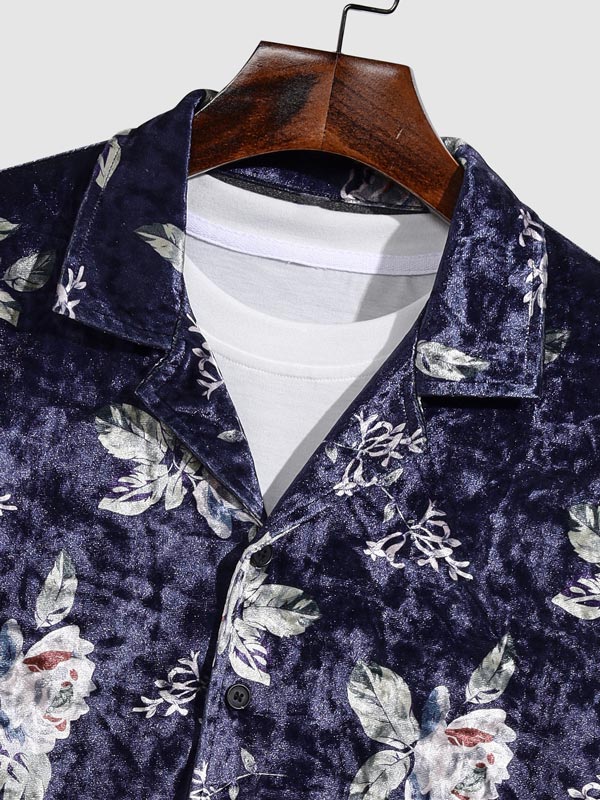 Men's Velvet Floral Pattern Button-Down Casual Short Sleeve Shirt