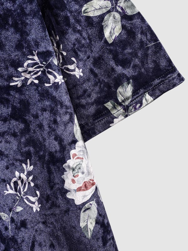 Men's Velvet Floral Pattern Button-Down Casual Short Sleeve Shirt