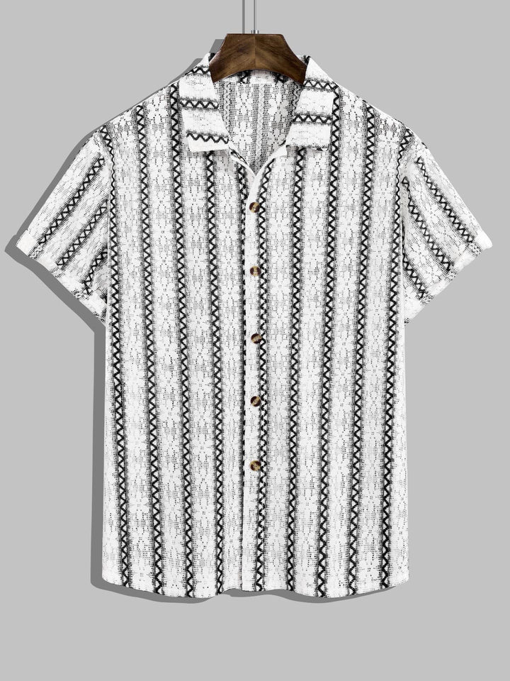 Men's Striped Hollow Knit Floral Short Sleeve Shirt