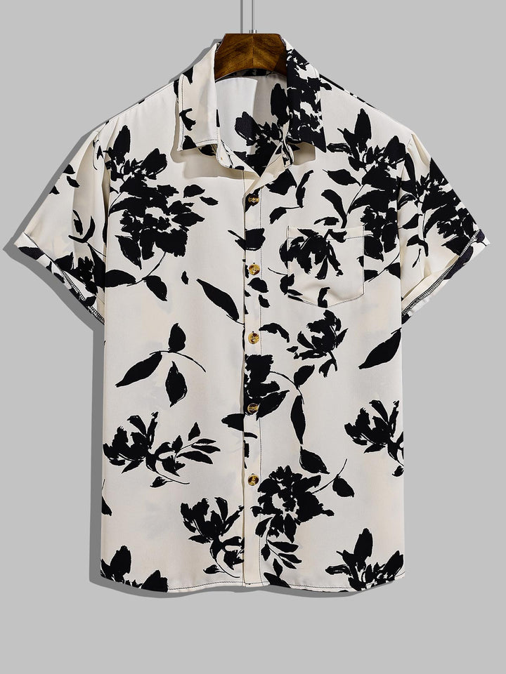 Men's leaf print casual button short-sleeved shirt