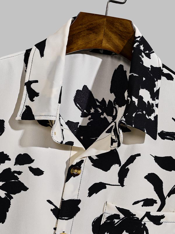 Men's leaf print casual button short-sleeved shirt