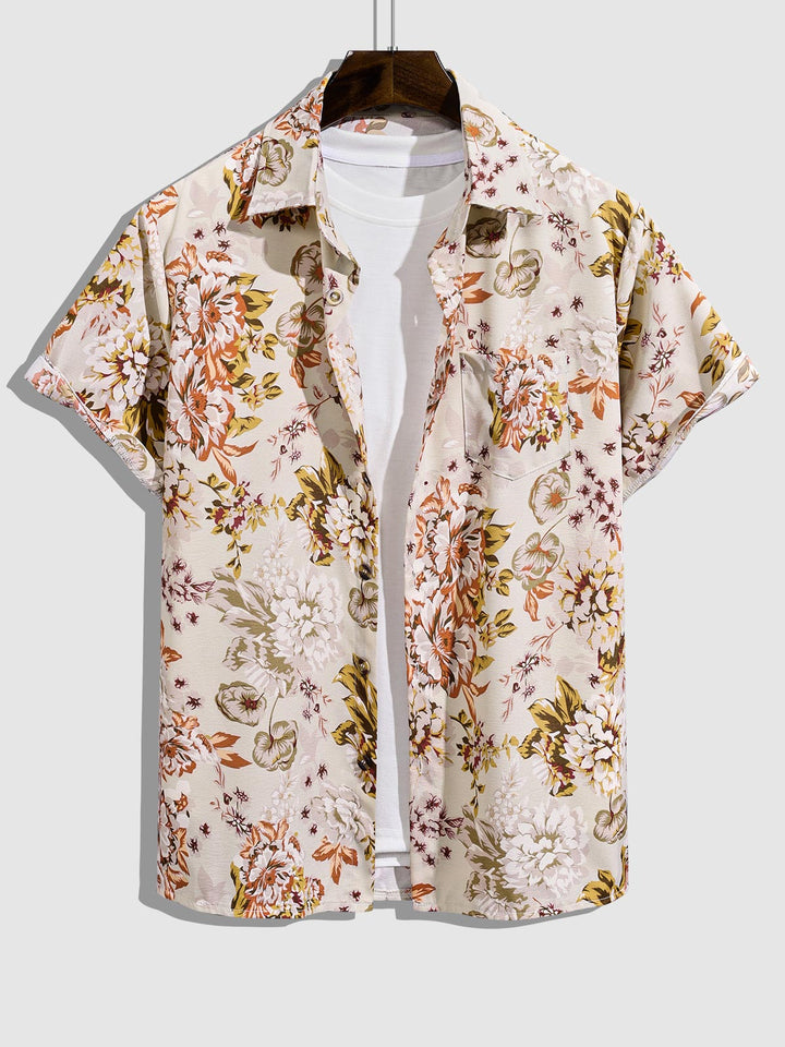 Men's floral print retro skin-friendly casual short-sleeved shirt