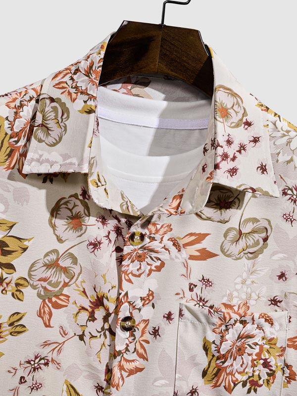 Men's floral print retro skin-friendly casual short-sleeved shirt