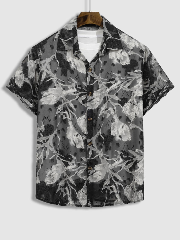 Men's floral print Sheer casual short-sleeved shirt