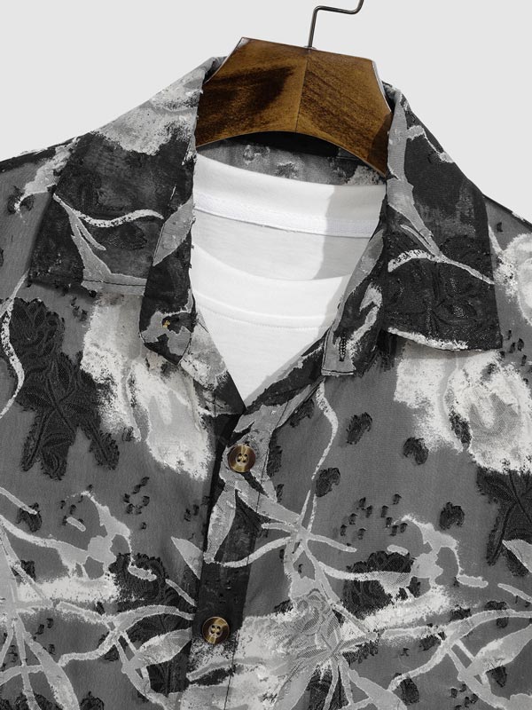 Men's floral print Sheer casual short-sleeved shirt