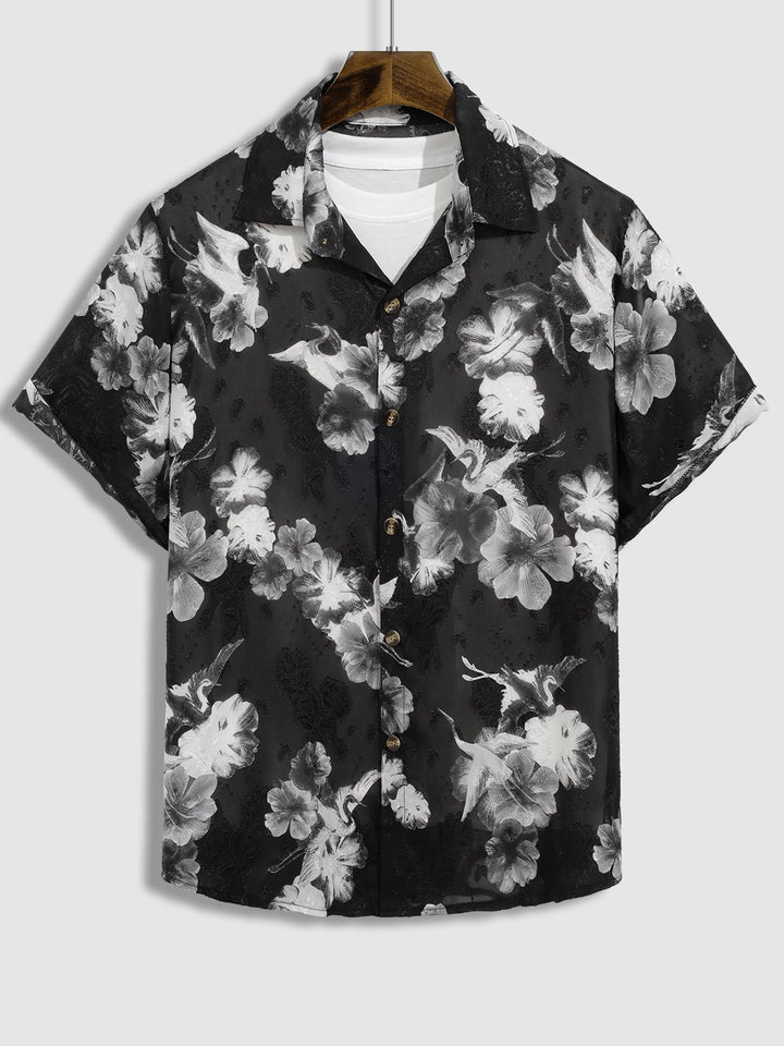 Men's Floral Crane Print Sheer Casual Short Sleeve Shirt