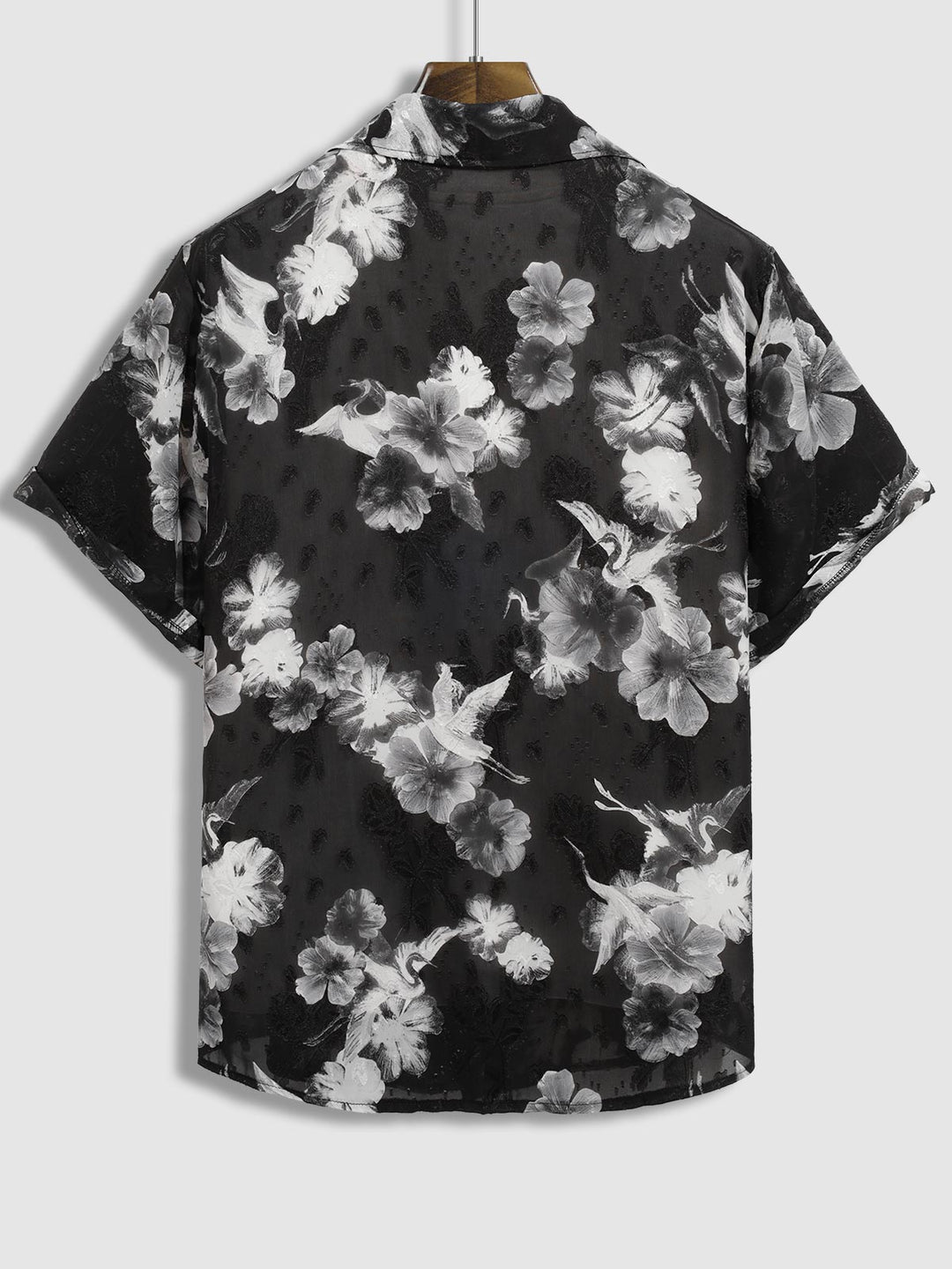 Men's Floral Crane Print Sheer Casual Short Sleeve Shirt