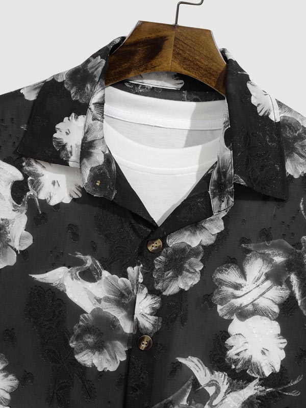 Men's Floral Crane Print Sheer Casual Short Sleeve Shirt