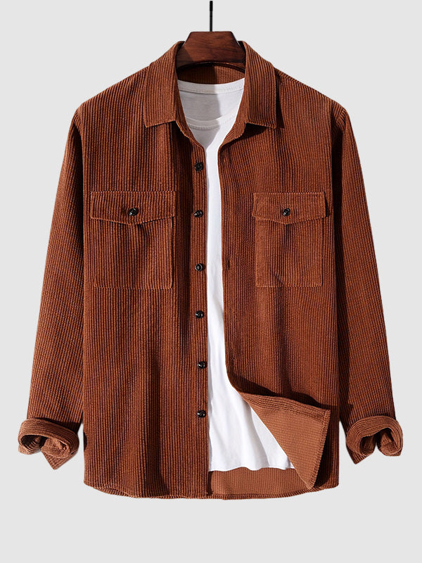 Men's Corduroy Solid Pocket Long Sleeve Shirt