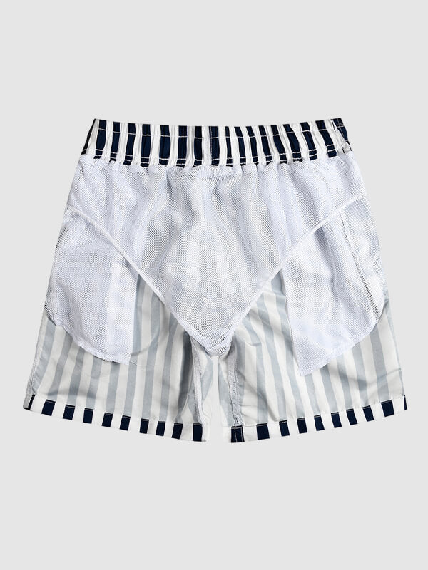 Men's Drawstring Pockets Vertical Mixed Stripes Beach Shorts