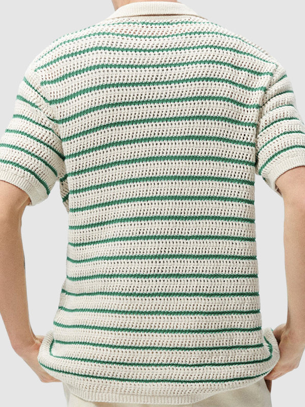 Men's Striped Hollow Knitted Casual Lapel Short Sleeve Shirt