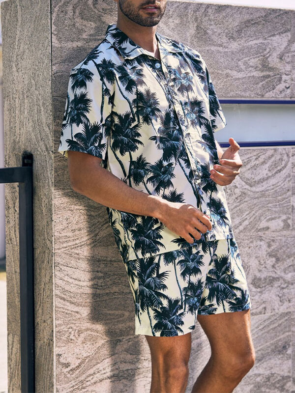 Men's tropical coconut tree print short-sleeved Hawaiian resort shirt + casual shorts two-piece set