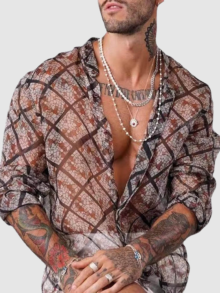 Men's  Sexy Sheer Plaid Colorful Print Long Sleeve Shirt