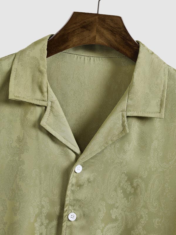 Men's Satin Cashew Flower Pattern Textured Cuban Collar Casual Shirt