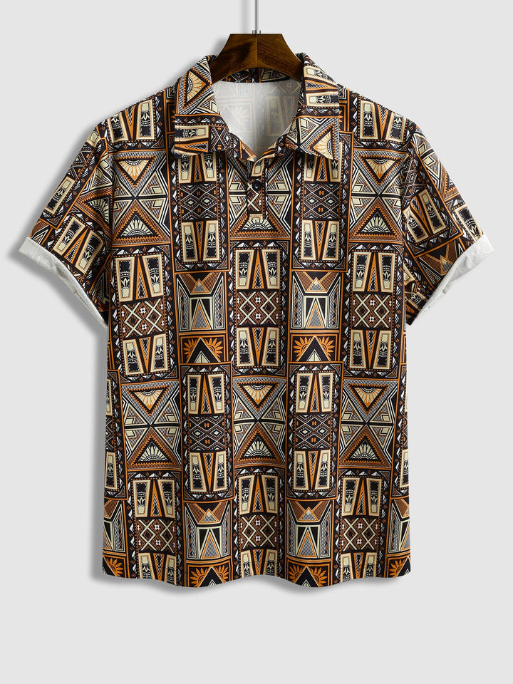 Men's Retro Geometric Print Corduroy Short Sleeve Polo