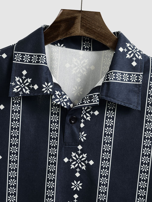 Men's Vintage Printed Corduroy Short Sleeve Polo