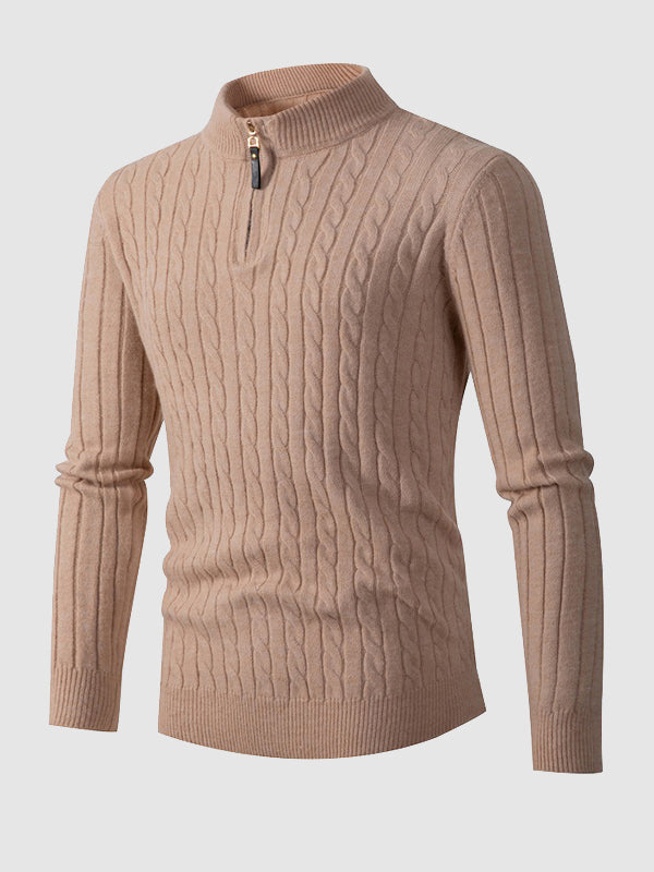 Men's Solid Color Cable Casual Half-Zip Stand Collar Sweater