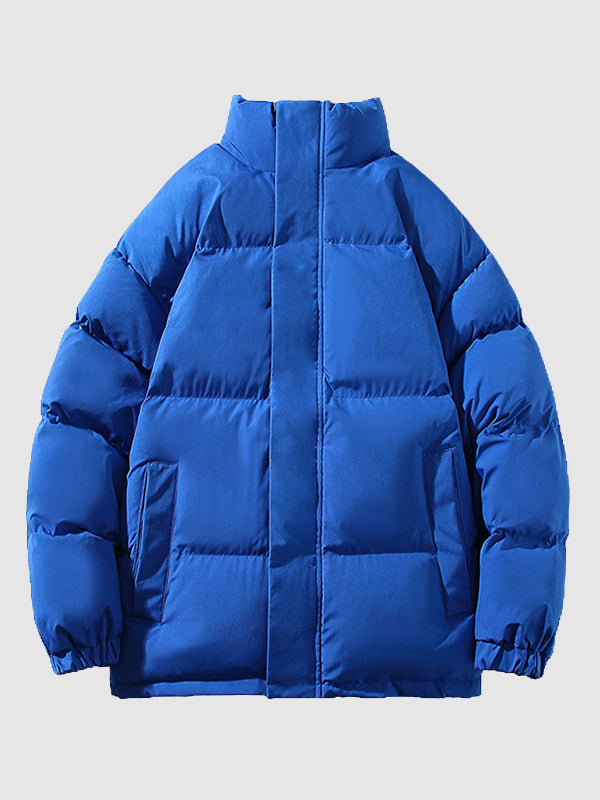 Men's solid color fleece-lined stand collar warm puffer jacket