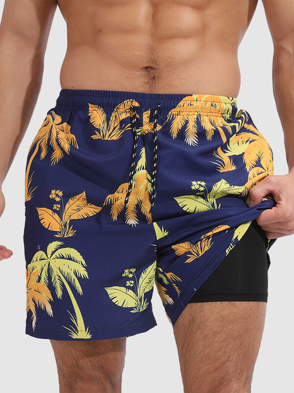 Men's Hawaiian Coconut Print Double Layer Sports Swim Shorts with Pockets