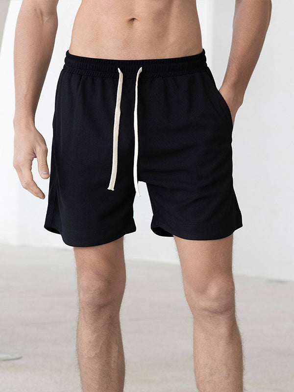 Men's Solid Color Waffle Drawstring Elastic Waist Casual Shorts