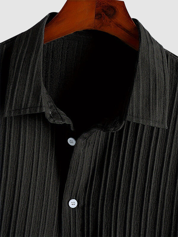 Men's solid color striped texture casual short-sleeved shirt