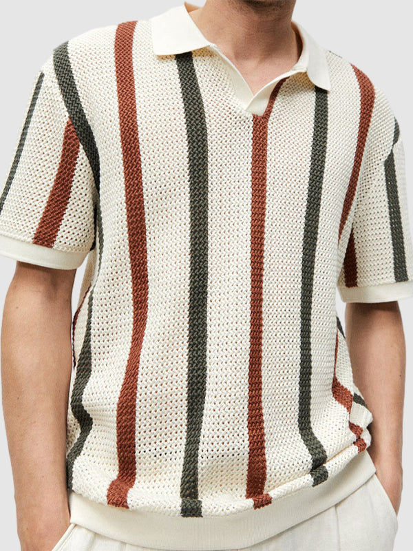 Men's Hollow  Striped Color Block Knit Casual Polo