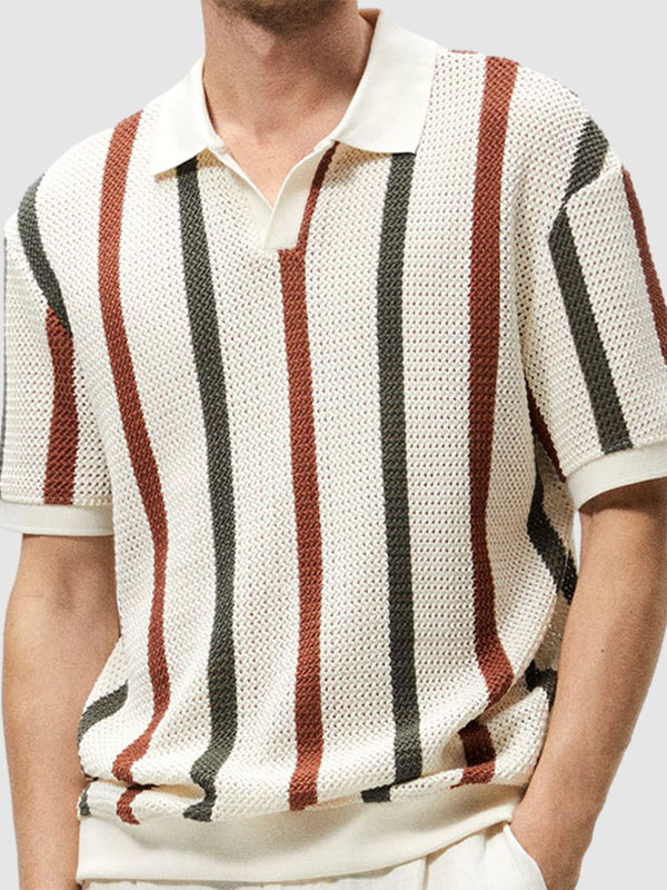 Men's Hollow  Striped Color Block Knit Casual Polo