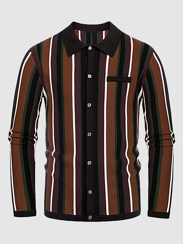 Men's striped jacquard lapel button-down sweater