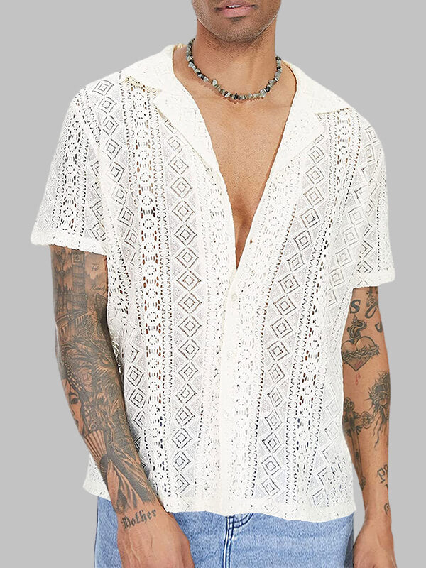 Men's Lace Hollow Loose Fit Cuban Collar Short Sleeve Shirt