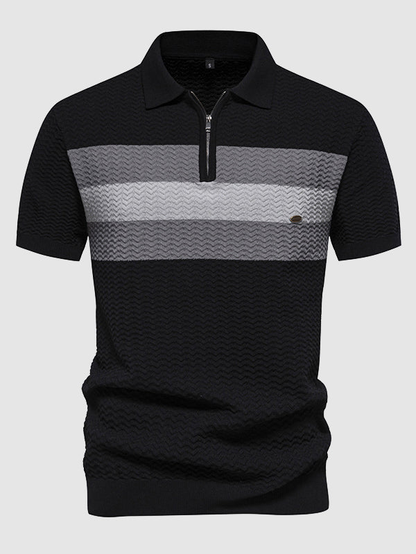 Men's Knitted Striped Casual Business Half-Zip short sleeve POLO