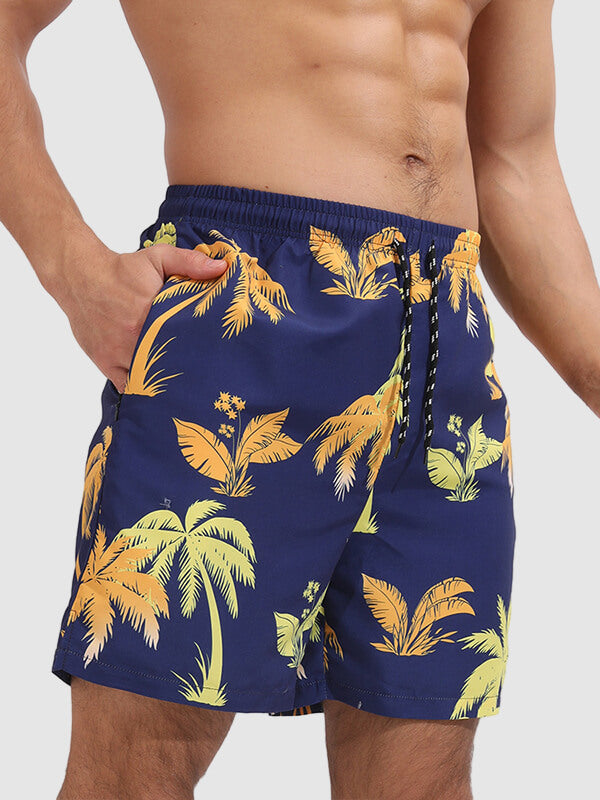 Men's Hawaiian Coconut Print Double Layer Sports Swim Shorts with Pockets