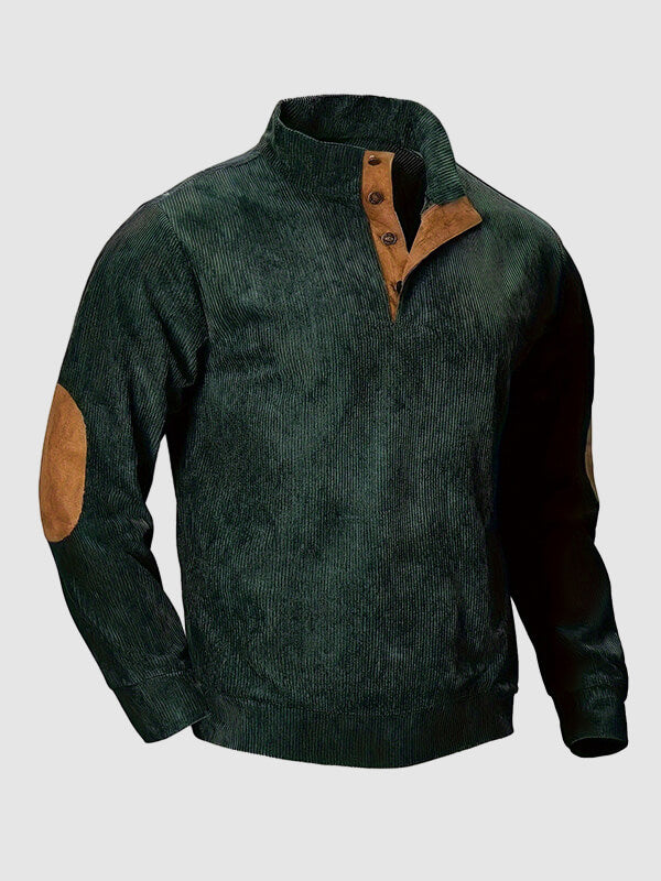 Men's retro corduroy patchwork casual stand collar sweatshirt