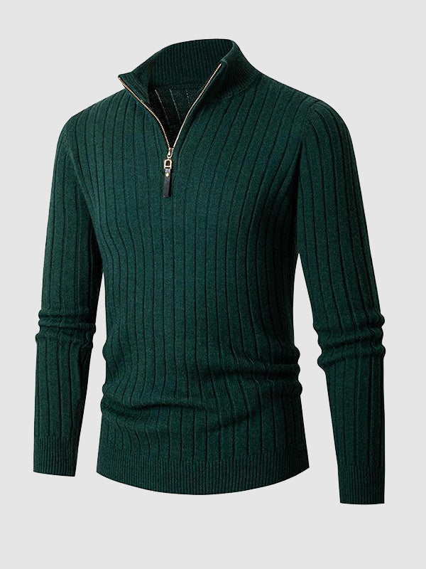 Men's Solid  Cable Casual Zip Stand Collar Sweater