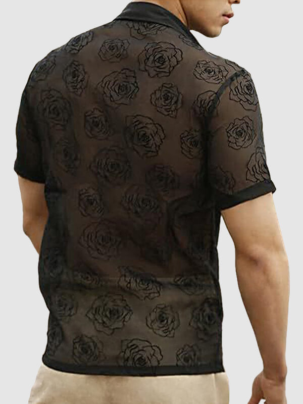 Men's lace embroidered rose flower short-sleeved shirt