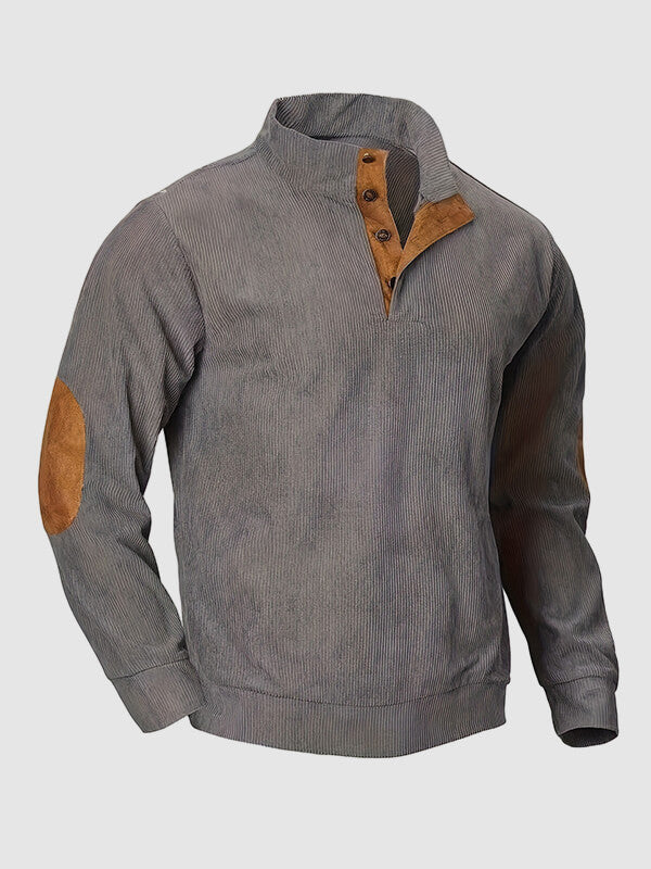 Men's retro corduroy patchwork casual stand collar sweatshirt