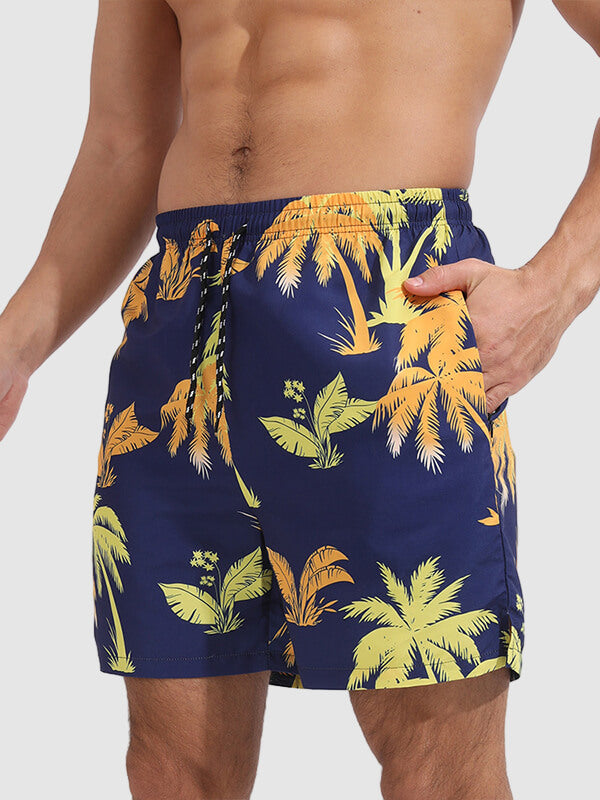 Men's Hawaiian Coconut Print Double Layer Sports Swim Shorts with Pockets