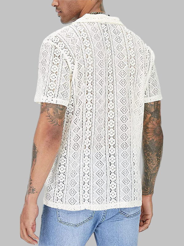 Men's Lace Hollow Loose Fit Cuban Collar Short Sleeve Shirt