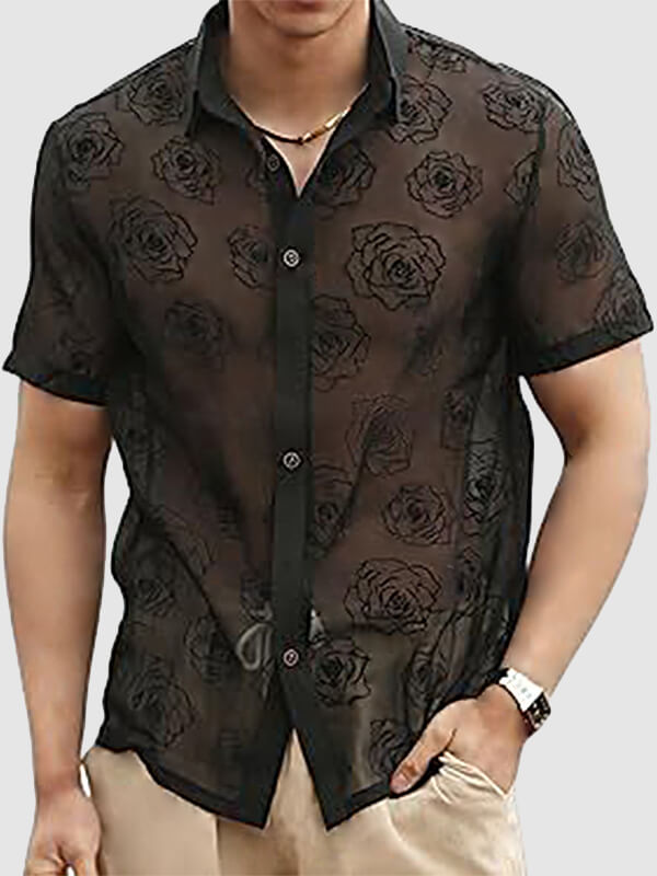 Men's lace embroidered rose flower short-sleeved shirt