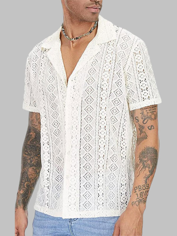 Men's Lace Hollow Loose Fit Cuban Collar Short Sleeve Shirt