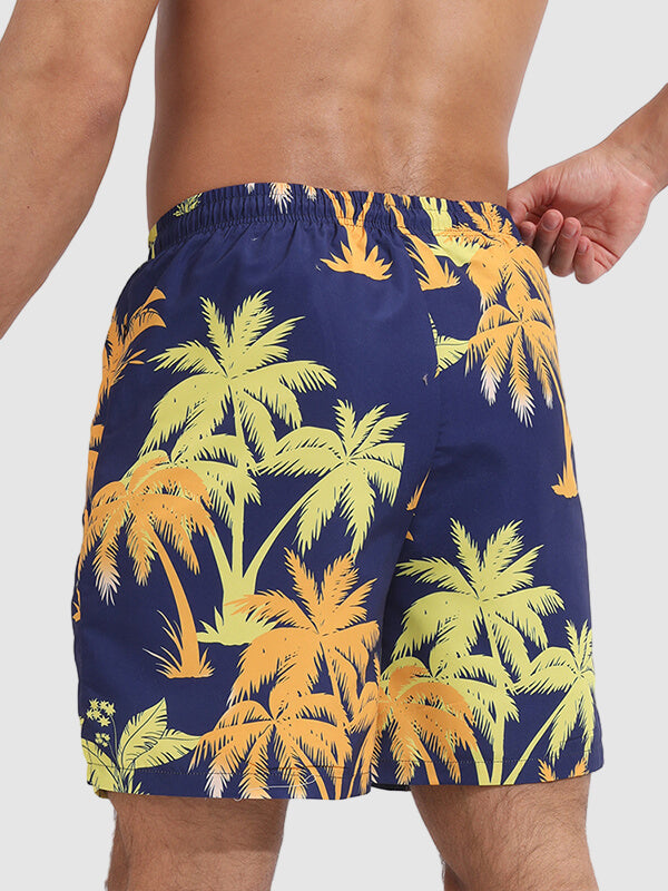 Men's Hawaiian Coconut Print Double Layer Sports Swim Shorts with Pockets