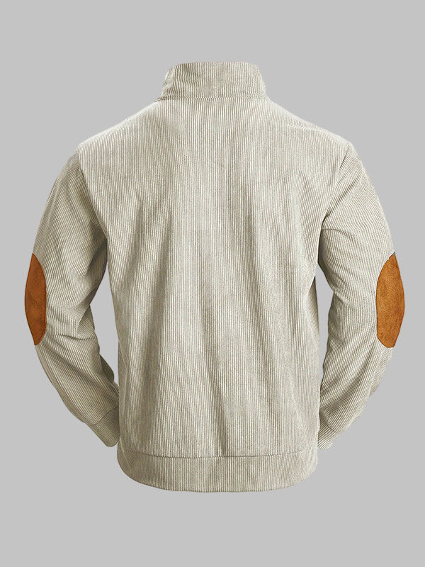 Men's retro corduroy patchwork casual stand collar sweatshirt