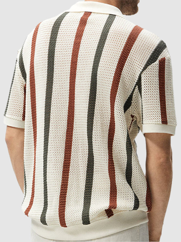 Men's Hollow  Striped Color Block Knit Casual Polo