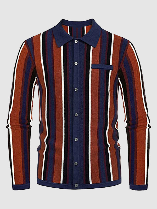 Men's striped jacquard lapel button-down sweater