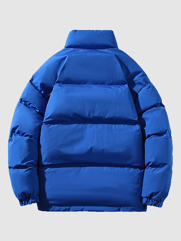 Men's solid color fleece-lined stand collar warm puffer jacket