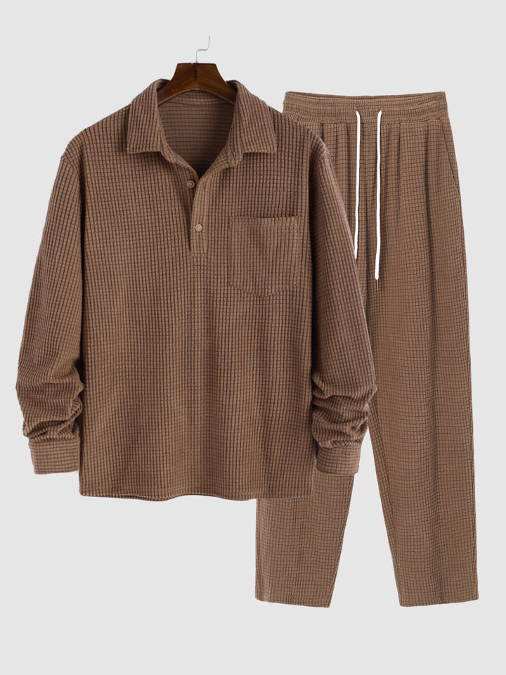 Men's solid color corduroy texture long sleeve + pants set